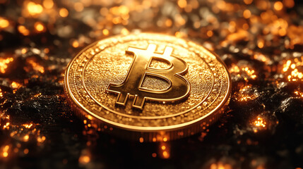 Golden coin with letter B symbol represents blockchain technology and digital mining concept