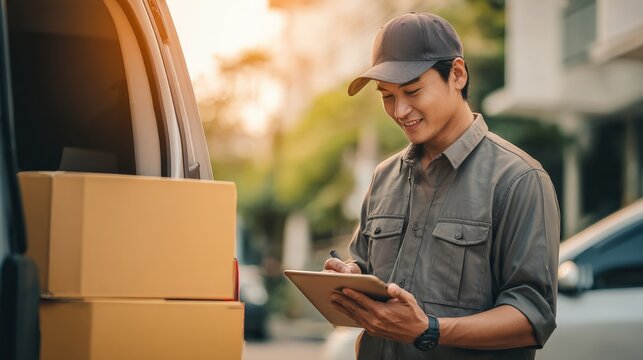 Confident Asian delivery man reviewing order on tablet with cardboard box placed on vehicle.
