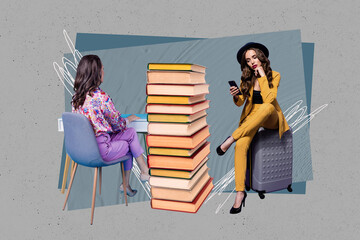 Pop zine full art photo collage of two happy girls academic sit stool book stack library visitor...