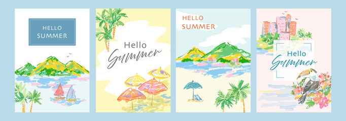 Vector summer cards set with islands, the ocean, yachts, palm trees, beach umbrellas, hibiscus flowers, tropical buildings, and toucans.