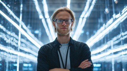 Confident chief technology officer in smart data warehouse with digital energy lines lighting space.