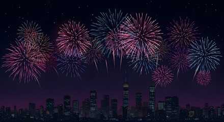Spectacular Fireworks Display Over City Skyline at Night