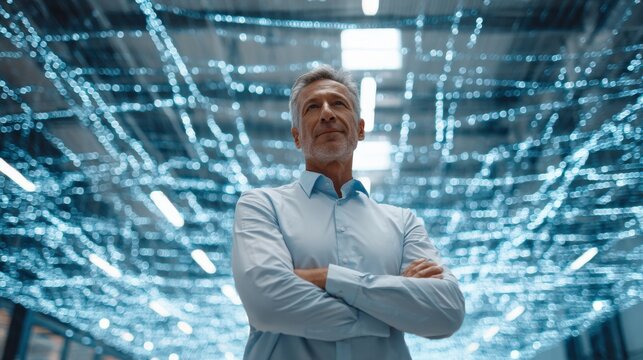 Confident chief technology officer in smart data warehouse with digital energy lines lighting space.