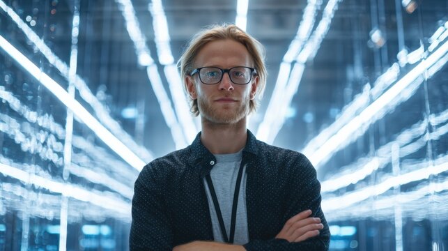 Confident chief technology officer in smart data warehouse with digital energy lines lighting space.