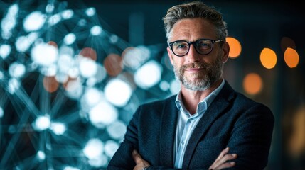 Confident chief technology officer in smart data warehouse with digital energy lines lighting space.