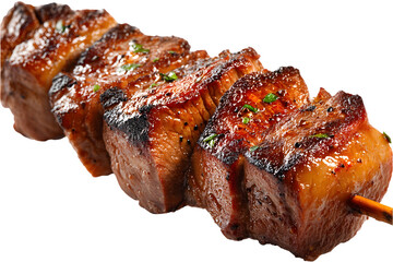 Grilled Beef Skewer: A succulent grilled beef skewer, perfectly charred and seasoned, is presented on a wooden skewer, glistening with flavorful juices.