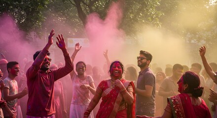 Joyful celebration of Holi Festival with colorful powder and smiling people in a vibrant outdoor setting, embodying festivity and cultural tradition.
