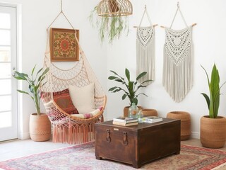A boho living room with a hanging chair, macrame wall art, and various potted plants and a vintage rug