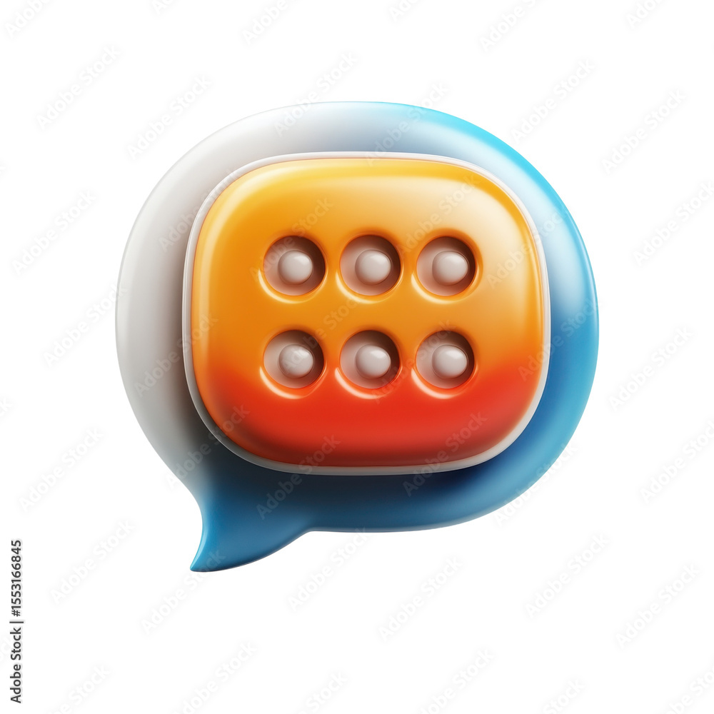 Poster 3d render message icon orange with six dots notification bubble symbol on transparent background
