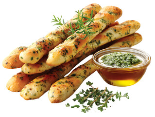 Garlic Breadsticks with Herb Dip: A delectable pile of golden-brown garlic breadsticks, sprinkled with herbs, sits invitingly next to a small bowl of vibrant green herb dip.