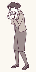 Fototapeta premium A tissue covers her face as she sneezes, irritation and fatigue evident in the businesswoman's demeanor.