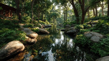 Fototapeta premium River valley captured with botanical shadow play, lush greenery and soft light blending for tranquil nature stock, landscape design, environmental themes, outdoor exploration concepts.