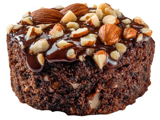 Delectable Dessert: A close-up shot of a rich, dark chocolate brownie topped with luscious nuts and glistening chocolate drizzle, offering a moment of pure indulgence.