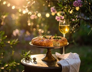 Fougasse, pain provençal aux olives dans un plat sur piédestal. Generated image