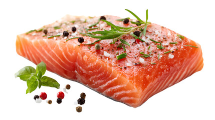 Raw salmon fillet piece with skin on, garnished with herbs and peppercorns, isolated on a clean white background,
