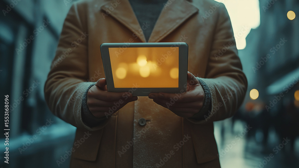 Poster businessman holds tablet displaying financial analytics with data charts and growth insights