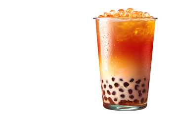Refreshing Boba Tea: A close-up of a translucent glass filled with layered Boba tea, showcasing tapioca pearl at the bottom and gradient amber hues in the liquid.