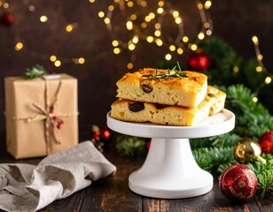 Fougasse, aux olives spécialité provençale, présentée sur plateau à piédestal dans une ambiance festive. Generated image