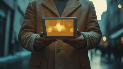 Businessman holds tablet displaying financial analytics with data charts and growth insights