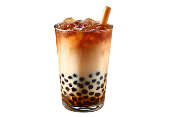Tempting Bubble Tea Delight: A close-up shot of bubble tea, showcasing the layered texture of the creamy drink with chewy tapioca pearls, capturing the inviting appearance