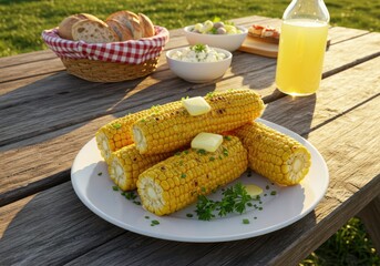 Freshly Grilled Corn on the Cob with Butter and Herbs on Plate Surrounded by Rustic Outdoor Dining Setup