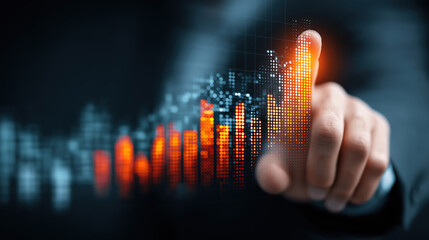 Businessman analyzes virtual screen for financial planning sales growth and investment strategies