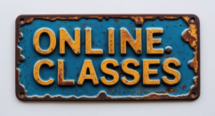 online classes lettering on antique rugged rusty metal sign on plain white background
