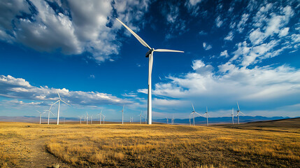 A wind farm with turbines spinning efficiently in a vast open field