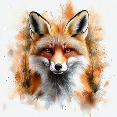 Obraz premium close-up portrait of a red fox with detailed fur and intense amber eyes surrounded by abstract orange and brown splashes and silhouettes of bare trees