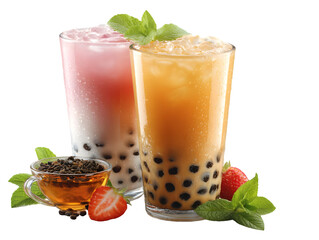 Bubble Tea Refreshments: The scene presents two glasses of bubble tea. Refreshing, flavorful bubble tea drinks sit next to a cup with tea leaves and a fresh strawberry.