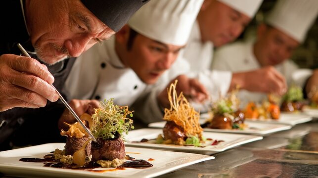 Culinary artists passionately working on complex plating techniques for five-star service.