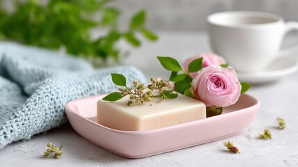 Pale Pink Soap with Roses and Tea in Soft Lighting