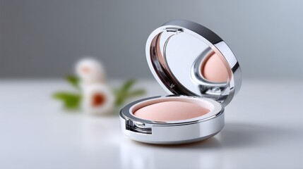 Pale Pink Powder in Silver Compact with White Flowers