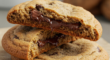 Macro photo of warm cookie with melted chocolate. Crumbly dessert detail.

