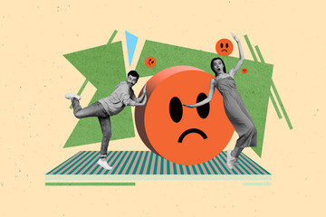 Creative pop poster sketch collage of two happy girl guy stand sad emoji pressure cyberbully reaction social media hate problem