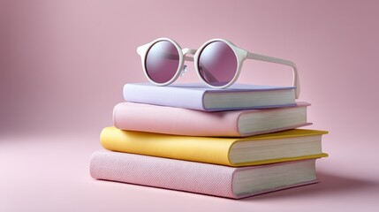Pastel Books and White Sunglasses on Pink Background