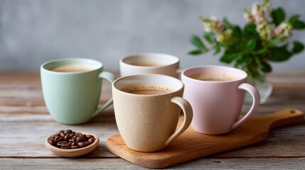 Pastel Coffee Mugs on Wooden Board with Coffee Beans and Flowers