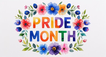 pride month word lettering with watercolor painting flowers on plain white background