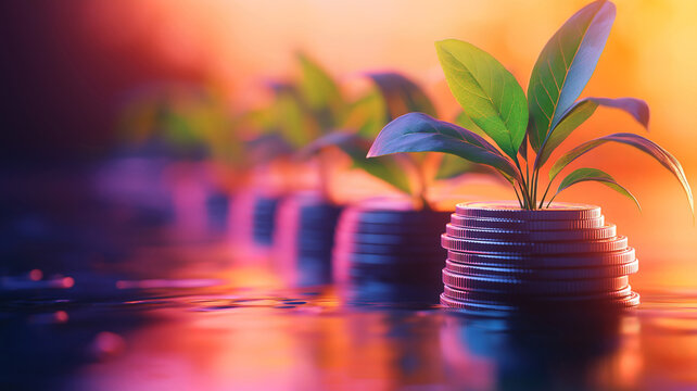 Plants sprouting from coin stacks represent growth savings and long term investing concept