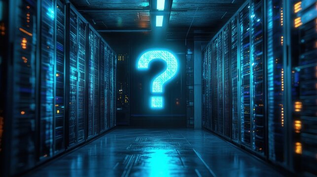 Futuristic server room corridor with illuminated data racks and a glowing blue holographic question mark symbolizing uncertainty or inquiry in technology environment - Powered by Adobe