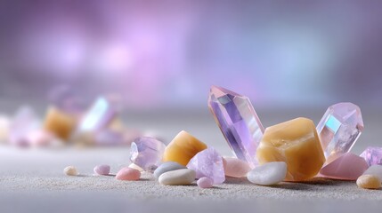 Pastel Crystals and Stones on Soft Purple Background