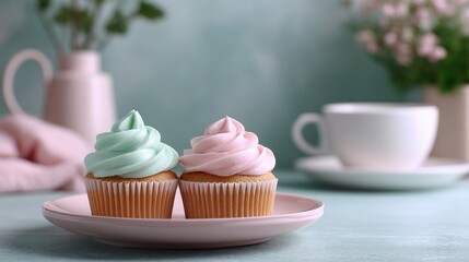 Pastel Cupcakes on Pink Plate with Tea and Flowers