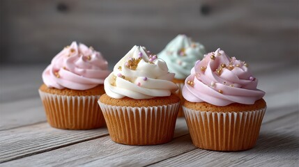 Pastel Cupcakes with Gold Sprinkles on Rustic Wood