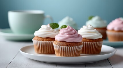 Pastel Cupcakes with Pink and White Frosting on White Plate