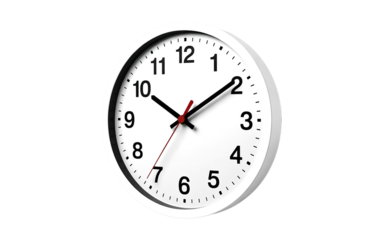 Modern white wall clock with black hands and red second hand isolated on transparent background