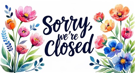 sorry were closed word lettering with watercolor painting flowers on plain white background