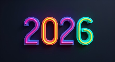 2026 colorful neon lettering on plain black dark background