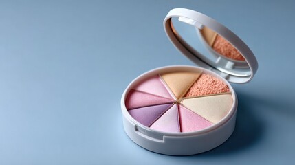 Pastel Eyeshadow Palette in White Compact on Light Blue Background