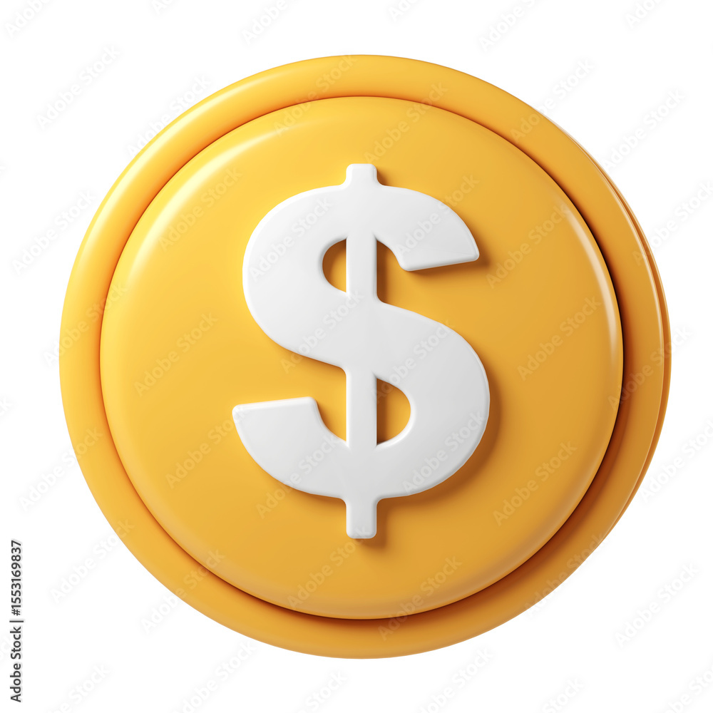 Poster 3d rendering icon of a large golden finance payment coin showing a white dollar sign, isolated on tr