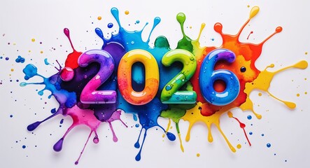 2026 word lettering on colorful paint watercolor splash on plain white background